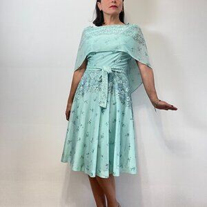Vintage FRANCIS GALE 70s Aquamarine Floral Print Cape Dress - Size S/M